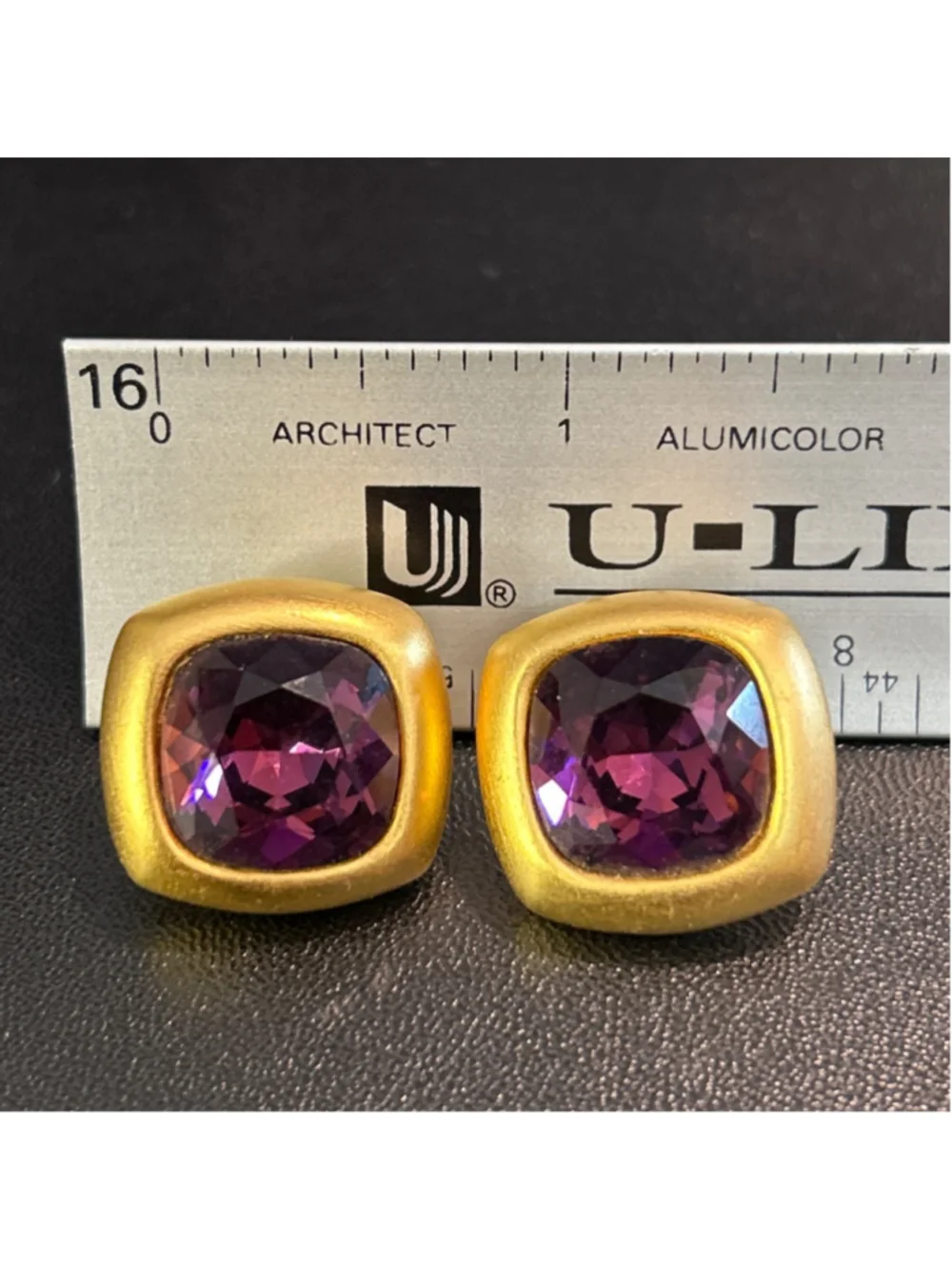 Women's Napier Gold Tone Purple Crystal Square Stud Earrings pierced - Picture 3 of 3